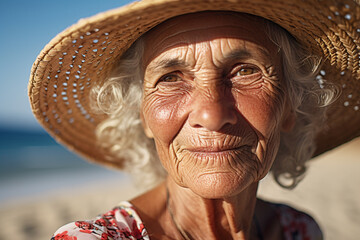 Face of very old wrinkled woman with summer straw hat. Blurry beach in background