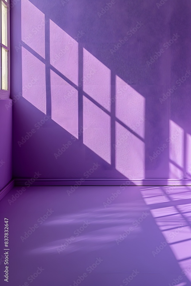 Poster 3d rendering of an empty room with purple wall and floor sunlight from window background for product