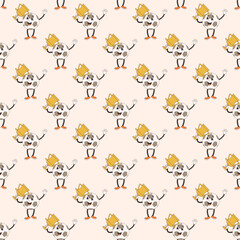 Soccer ball seamless pattern. Football winner with cup retro cartoon endless background. Groovy mascot repeat cover. Sport championship loop ornament. Vector illustration.