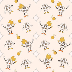 Soccer ball characters seamless pattern. Football retro cartoon with cup and medal endless background. Groovy mascot repeat cover. Vector illustration.
