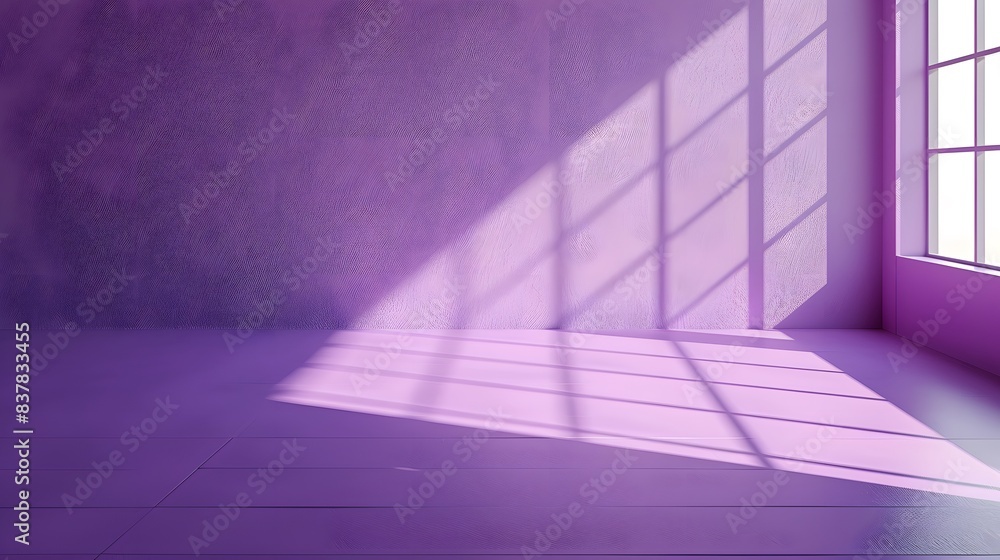 Poster 3d rendering of an empty room with purple wall and floor sunlight from window background for product