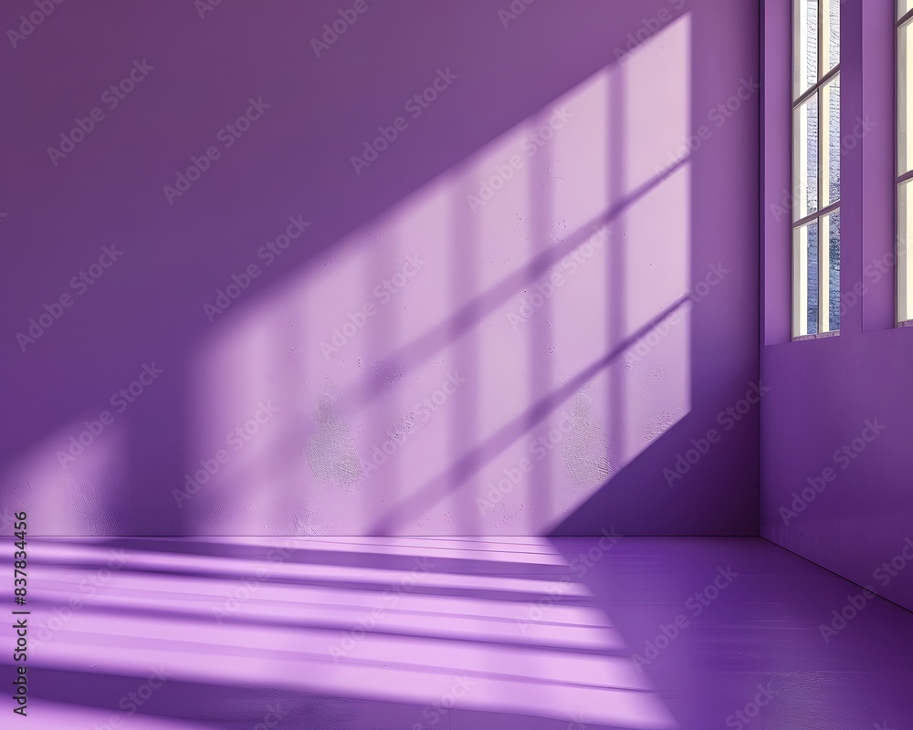 Poster 3d rendering of an empty room with purple wall and floor sunlight from window background for product