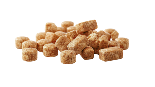 A pile of brown pet food pellets isolated on white background. Nutritious and balanced diet for dogs and cats, high-quality kibble.
