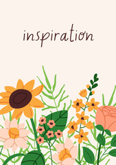 Flower card. Natural poster, floral botanical design. Field summer wildflowers, field plants on vertical background. Meadow blossom, wild blooms, sunflower and daffodil. Flat vector illustration