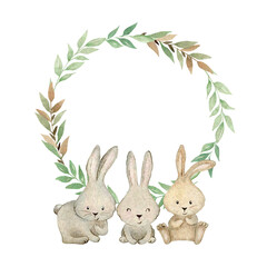 Vector watercolor woodland wreath with bunnies. Baby shower card.