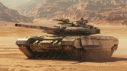 3D CG render of a heavy armored tank on a desert battlefield during a mission