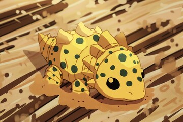 a cream yellow dinosaur with mint dots