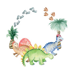 Fototapeta premium Vector watercolor card with cute dinosaurs. Hand drawn illustration