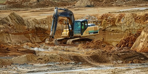 Excavator working at construction site on earthworks Backhoe digs ground for the foundation