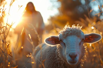 In front of the camera is a lost lamb, and behind it is Jesus chasing after him