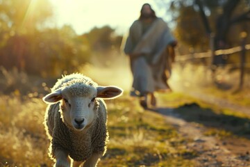 In front of the camera is a lost lamb, and behind it is Jesus chasing after him