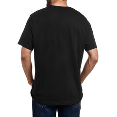 Man in black t-shirt on white background, back view