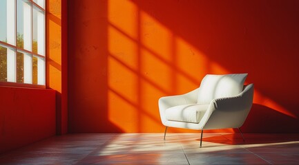 White Armchair In Front of Large Orange Wall With Window Light