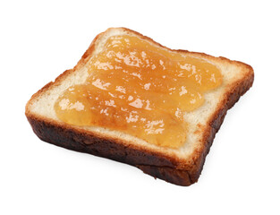 Piece of fresh toast bread with tasty jam isolated on white