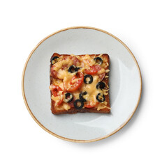 Plate with tasty pizza toast isolated on white, top view