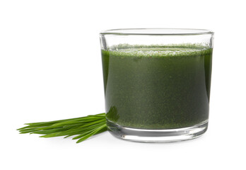 Wheat grass drink in glass and fresh sprouts isolated on white