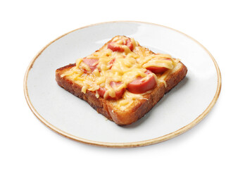 Plate with tasty pizza toast isolated on white