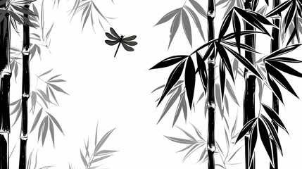 Naklejka premium Minimalistic black and white of bamboo stalks and leaves with dragonfly in flight, highlighting simplicity and natural beauty.