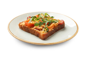 Tasty pizza toast with cheese, tomato isolated on white