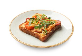 Tasty pizza toast with cheese, tomato and sausage isolated on white