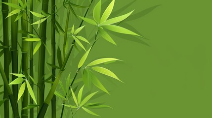 Obraz premium Lush green bamboo plants with leaves against a vibrant green background, capturing the essence of nature and tranquility.