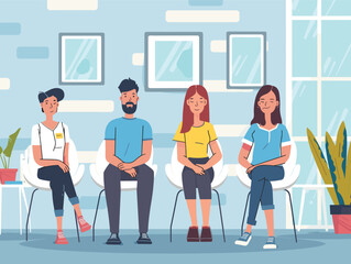 Fototapeta premium Four people sitting waiting room, two men two women, diverse, casual clothes, indoor plants, relaxed posture. Cartoon characters clinic lobby, health care setting, calm expressions, modern interior