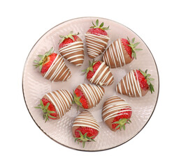 Delicious chocolate covered strawberries isolated on white, top view