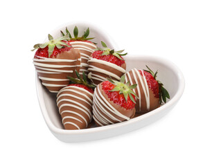 Heart shaped plate with delicious chocolate covered strawberries isolated on white