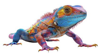 Obraz premium Colorful iguana displaying vibrant patterns and textures, isolated on white background. Perfect for wildlife and nature-themed designs.