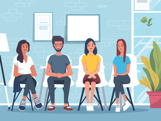 Four young adults sitting office waiting area, diversity, casual clothing, smiling, relaxed posture, office plants, abstract wall art. Group meeting, colorful office, youthful staff, modern interior