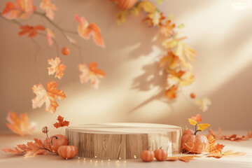 Wooden autumn podium with garlands and candles. Cozy autumn podium for cosmetic products. Podium with pumpkins.  Autumn sale. 