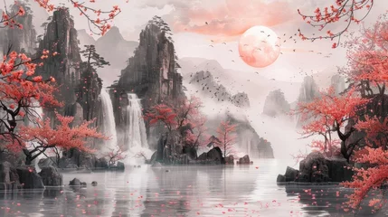 Fototapeten Abstract hand-painted watercolor landscape with a Japanese theme, featuring serene mountains, delicate cherry blossoms, and tranquil water elements in a calming aesthetic. AI Generative. © Alisa