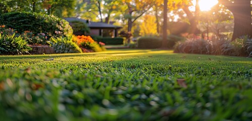Close Up View of Lush Green Grass in a Suburban Yard During Golden Hour