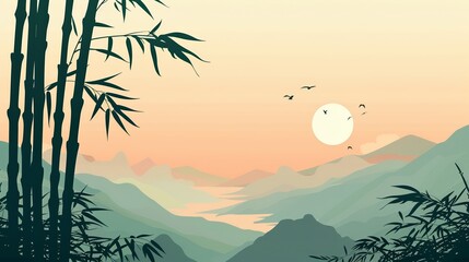 Serene sunrise landscape of misty mountains and bamboo, with birds flying under a pastel sky. Peaceful and tranquil nature scenery.