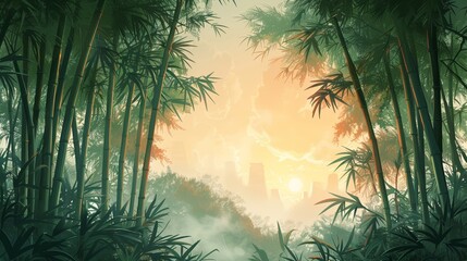 Serene sunrise in a lush bamboo forest, with sunlight filtering through the dense canopy, creating a soothing, tranquil atmosphere.