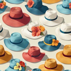 Colorful summer hats pattern featuring various designs with decorative flowers. Perfect for fashion, summer, and textile themes.