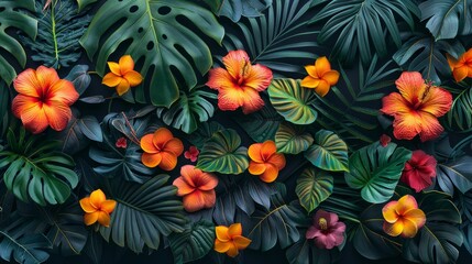 Fototapeta premium Botanical illustration featuring a variety of tropical plants and herbs, with vivid foliage and colorful flowers, forming a rich and detailed composition. AI Generative.