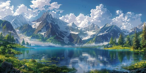Tranquil Mountain Lake With Lush Greenery and Snow-Capped Peaks on a Sunny Day