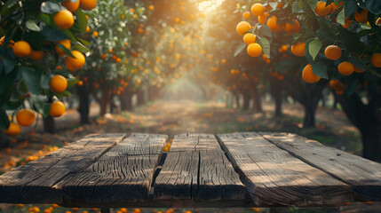 A wooden table in a lush orchard with ripe oranges and green leaves, drenched in morning sunlight,...