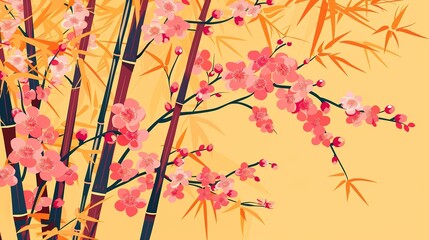 Vibrant illustration of cherry blossoms and bamboo, blending traditional Asian art styles with modern aesthetics on a warm yellow background.