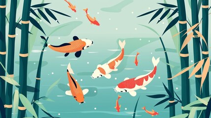 Whimsical illustration of koi fish swimming in a serene pond surrounded by bamboo and gentle bubbles.