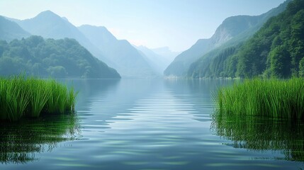 Fototapeta premium Beautiful mountains and lakes, scenery with sunset, digital art style, illustration painting. generative AI