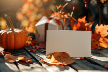 Postcard with blank space for text in fall style with pumpkins and fallen leaves.  Autumn sale. 