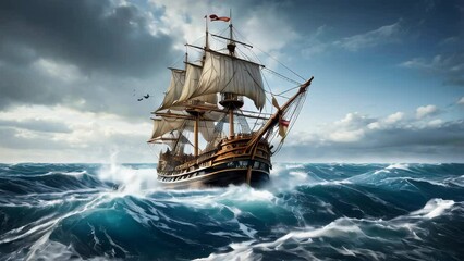 A majestic galleon on a turbulent sea