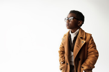 A young African American boy wearing glasses and a brown coat, exuding sophistication. His stylish outfit and thoughtful pose make him look modern and confident.