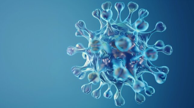 Adeno-associated virus (AAV), 3d illustration, blue background. A highly detailed and realistic 3D rendering of the Adeno-associated virus (AAV), showcasing its intricate capsid structure