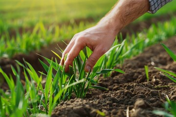 Farmer hand touches green leaves of young wheat in the field, the concept of natural farming, agriculture. Business or ecology concept.