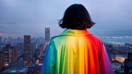 Person wearing rainbow colored cloak looking down on cityscape with their back to the camera