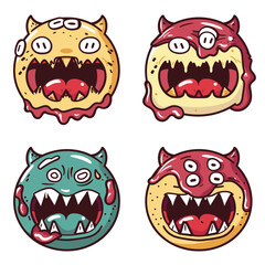 Four cartoon monster donuts faces, teeth, mean expressions. Colorful doughnuts look angry, scary, monstrous, cute. Handdrawn dessert creatures, yellow, red, turquoise isolated white background