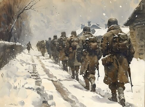 A group of soldiers walking through the snow in a war zone - Powered by Adobe